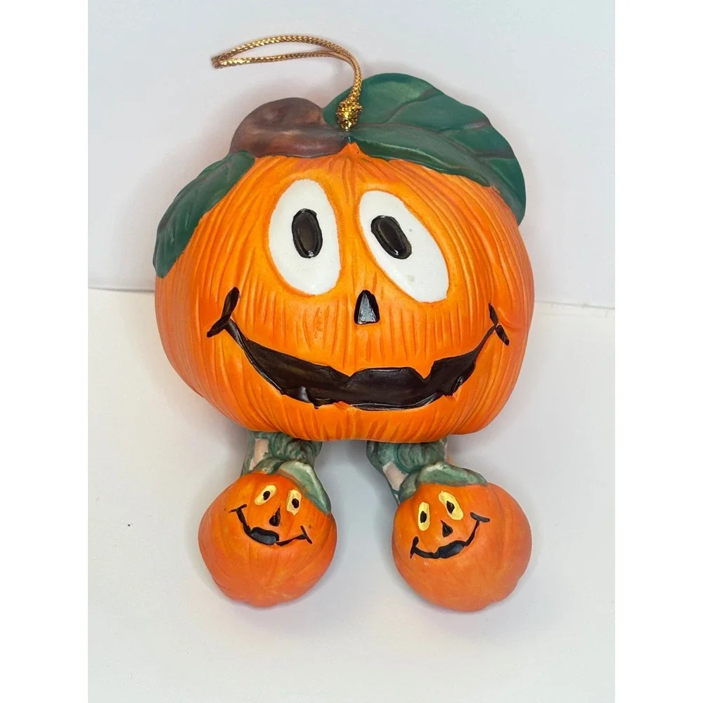 Vintage Anthropomorphic Halloween Ceramic Pumpkin Bell Ornament Jack-O-Lantern